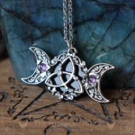 Elven triquetra and triple moon pendant with ivy leaves and purple amethyst, celtic jewelry