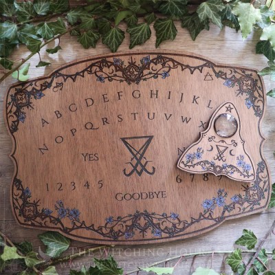 Planche ouija avec sigil de Lucifer et fleurs, en bois, fabriquée artisanalement