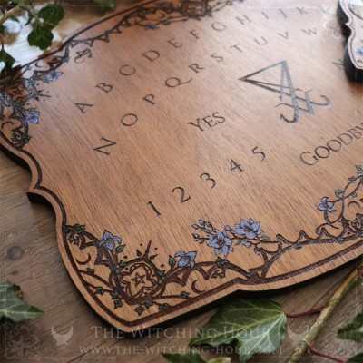 Planche ouija avec sigil de Lucifer et fleurs, en bois, fabriquée artisanalement