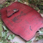 Red wooden ouija board with gothic cat, ouija planchette, handmade talking board