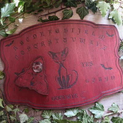 Red wooden ouija board with gothic cat, ouija planchette, handmade talking board