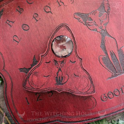 Red wooden ouija board with gothic cat, ouija planchette, handmade talking board