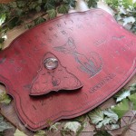 Red wooden ouija board with gothic cat, ouija planchette, handmade talking board