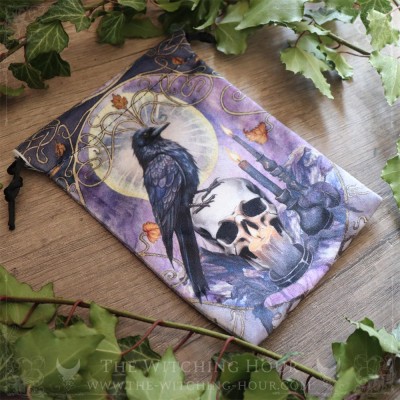 Pochette en velours avec corbeau et crâne pour cartes de tarot, oracle ou runes