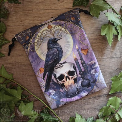 Pochette en velours avec corbeau et crâne pour cartes de tarot, oracle ou runes