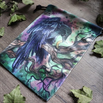 Pochette en velours avec corbeau et croissant de lune pour cartes de tarot et oracle, ou jeu de runes divinatoires