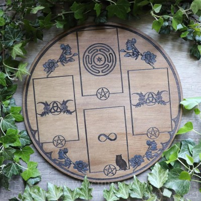 Wheel of Hecate tarot and oracle spread board handmade from wood, with triple moon and celtic knot