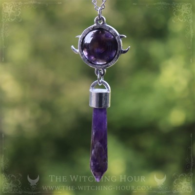 Amethyst pentagram pendulum necklace, triple moon, gothic jewelry