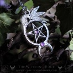 Pendentif pentacle et crâne de corbeau en améthyste, symbole wiccan de protection