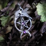Pentagram and raven skull pendant with amethyst, wiccan symbol of protection