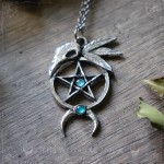 Gothic pentagram and raven skull pendant with blue apatite, wiccan symbol of protection