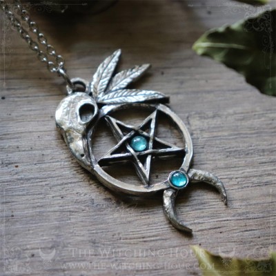 Gothic pentagram and raven skull pendant with blue apatite, wiccan symbol of protection