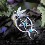 Gothic pentagram and raven skull pendant with blue apatite, wiccan symbol of protection