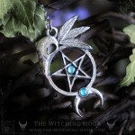 Gothic pentagram and raven skull pendant with blue apatite, wiccan symbol of protection