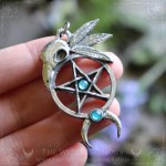 Gothic pentagram and raven skull pendant with blue apatite, wiccan symbol of protection