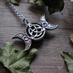 Triple moon and triquetra pendant with onyx and amethyst, celtic knot necklace, gothic jewelry