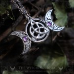 Pendentif triple lune et triquetra en onyx et amthyste, noeud celtiue, bijou ésotérique artisanal