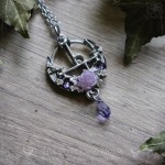 Sigil of Lilith necklace with purple rose and crystals on a moon crescent, gothic jewelry