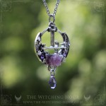 Sigil of Lilith necklace with purple rose and crystals on a moon crescent, gothic jewelry