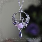 Sigil of Lilith necklace with purple rose and crystals on a moon crescent, gothic jewelry