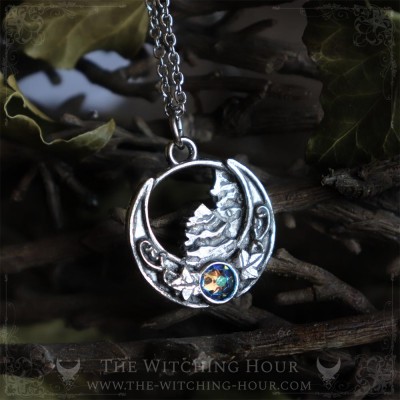 Forest on a moon crescent necklace inspired by mountains, pagan jewelry