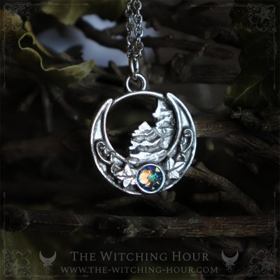 Forest on a moon crescent necklace inspired by mountains, pagan jewelry