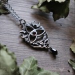 Elven triquetra necklace with celtic interlacing, red garnet and black crystals, gothic jewelry