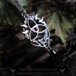 Elven triquetra necklace with celtic interlacing, red garnet and black crystals, gothic jewelry