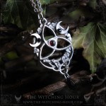 Elven triquetra necklace with celtic interlacing, red garnet and black crystals, gothic jewelry