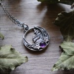 Forest of fir trees on a moon crescent pendant with white amethyst, nature inspired necklace