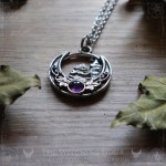 Forest of fir trees on a moon crescent pendant with white amethyst, nature inspired necklace
