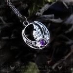 Forest of fir trees on a moon crescent pendant with white amethyst, nature inspired necklace