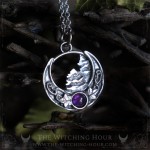 Forest of fir trees on a moon crescent pendant with white amethyst, nature inspired necklace