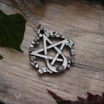 Pentagram necklace with rainbow moonstone and moon crescent, handmade gothic jewelry