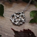 Pentagram necklace with rainbow moonstone and moon crescent, handmade gothic jewelry