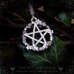 Pentagram necklace with rainbow moonstone and moon crescent, handmade gothic jewelry