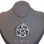 Pentagram necklace with rainbow moonstone and moon crescent, handmade gothic jewelry
