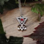 Lucifer sigil necklace with red crystal, gothic jewelry inspired by luciferianism and witchcraft