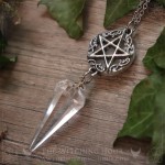 Collier pendule pentacle en pierre de lune arc-en-ciel et quartz, bijou ésotérique artisanal