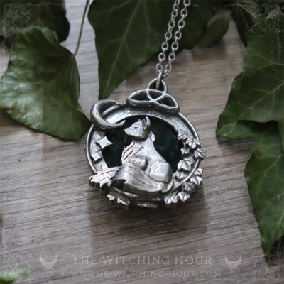 Fox necklace with triquetra and moss agate, handmade gothic jewelry