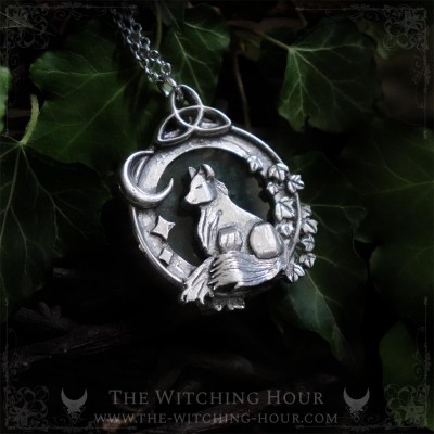 Fox necklace with triquetra and moss agate, handmade gothic jewelry