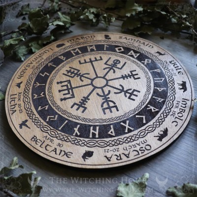 Pagan wheel of the year with viking vegvisir and names of the witches sabbaths