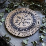 Pagan wheel of the year with viking vegvisir and names of the witches sabbaths