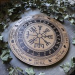 Pagan wheel of the year with viking vegvisir and names of the witches sabbaths