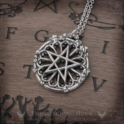 Pentacle pendant on a cathedral rose window, gothic necklace