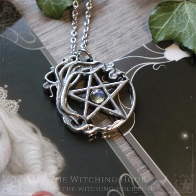 Pentagram and tree of life pendant with natural labradorite, pagan jewelry witchy