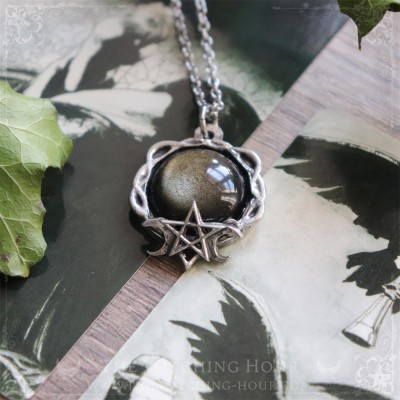 Collier pentacle avec obsidienne dorée, bijou gothique et occulte artisanal
