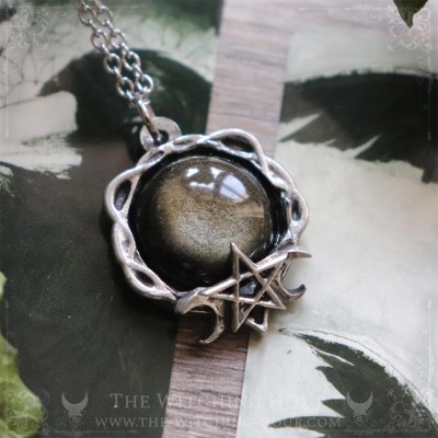 Collier pentacle avec obsidienne dorée, bijou gothique et occulte artisanal