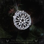 Gothic pentagram necklace on a cathedral rose window, occult jewelry