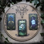 Divination board with deer skull, ravens, and mushrooms, inspired by the forest and Cernunnos